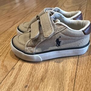 Ralph Lauren Kids Beige Canvas Velcro Sneakers with Navy Logo & Leather